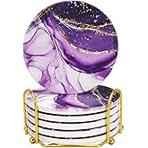 Geichan Purple Agate Coasters for drinks with Gold Holder,Absorbent Marble Coasters Set with Cork Base for Tabletop Protection,Stone Coasters for Coffee Table Kitchen Decor Gift Women Cup Bar Coasters