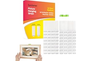 KARSBARWE 32-Pairs(64 Strips) Medium Picture Hanging Strips Heavy Duty, Damage Free Picture Hangers, Hook and Loop Tape, Removable Adhesive Strips for Frame Hanging, Christmas Decorations, and Living Spaces.