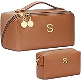 CLOUDWINGS Birthday Gifts for Women Teen Girl, Personalized Initial Makeup Organizer Bag Set, Open Flat Travel Cosmetic Bag With Clear Divider and Handle(Brown,S)