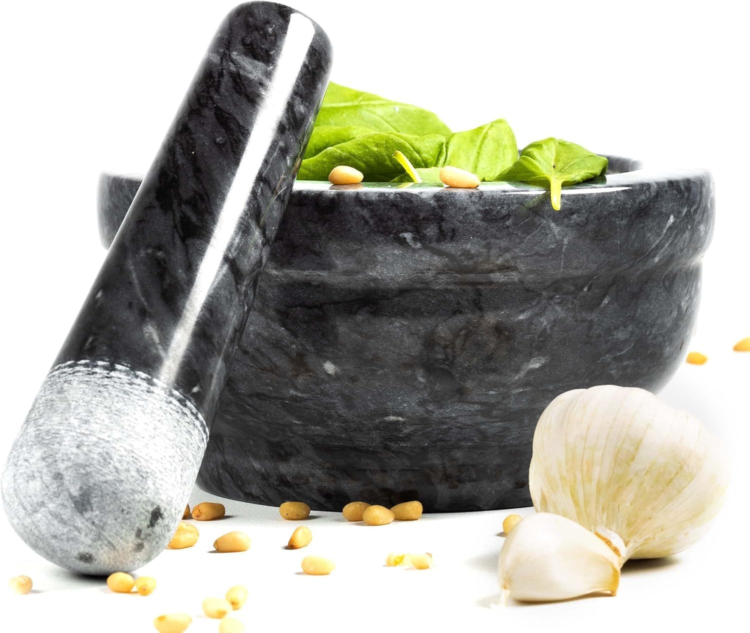 Coninx Pestle and Mortar 15CM | Solid Black Marble Herbs & Spice Grinder | Natural Stone Mortar and Pestle Set to Cook Like a Chef | Smooth Polished Outside for Comfortable grip