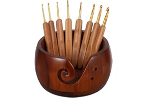 Hesygo Wooden Yarn Bowl with 8Pcs Metal Crochet Hooks, Knitting Yarn Bowl with Holes Storage Handmade to Prevent Slipping, Pe