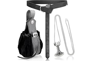 RECHICGU 3 Pieces Medieval Viking Leather Belt, Retro Drawstring Belt Bag Pouch and Stainless Steel Chain Axe Necklace, Renaissance Knight Accessories Set for LARP Ren Faire Costume Black