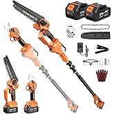 GEARPASS 8 Inch Electric Pole Saw, 4-in-1 Cordless Brushless Mini Chainsaw for Tree Trimming & Wood Cutting with 2Pcs 21V 4000mAh Batteries& Charger, 15ft Reach Pole, Auto-Oiling