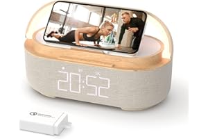 COLSUR Bluetooth Speaker Alarm Clock with Wireless Charger, FM Radio, Adjustable LED Night Light, 6 in 1 Bedroom Portable Speaker 2500mAh, Phone Stand for Bedside, Home, Office, Gift