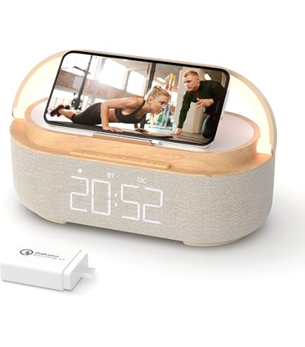 Radio Réveil EZVALO Avec Chargeur Sans Fil Qi - Bluetooth, FM, Veilleuse LED, Double Alarme - Multifonction Pour Chambre