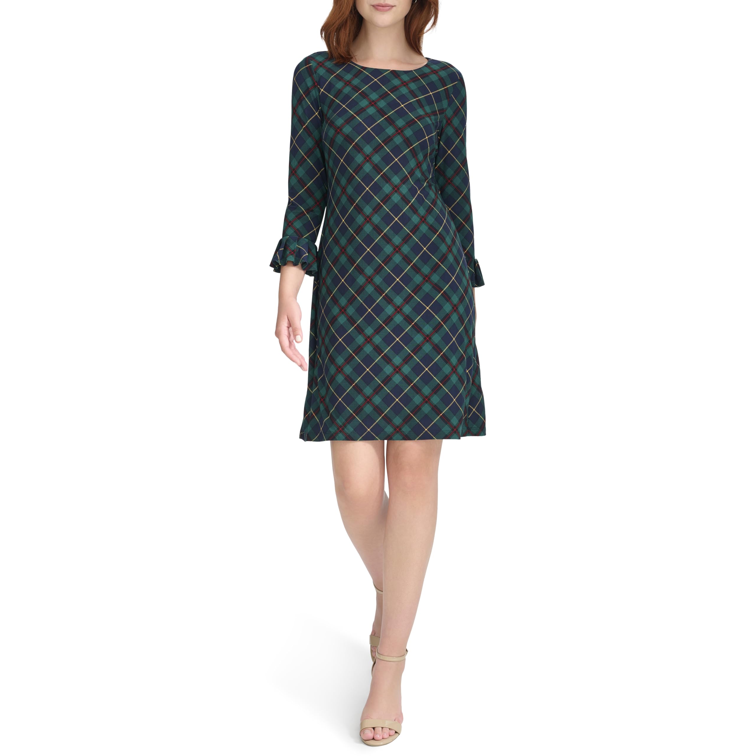 Tommy Hilfiger Women’s 3/4 Ruffle Trim Sleeve Round Neck Jersey Shift Mini Dress, Cypress Combo, 16
