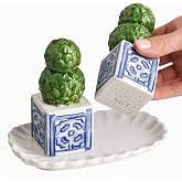 Mud Pie Topiary Salt and Pepper Shakers with Tray, Blue and White Ceramic | Three Piece Hand Painted Dolomite Topiary Salt and Pepper Set with Blue and White Tile Planters and Scalloped Tray