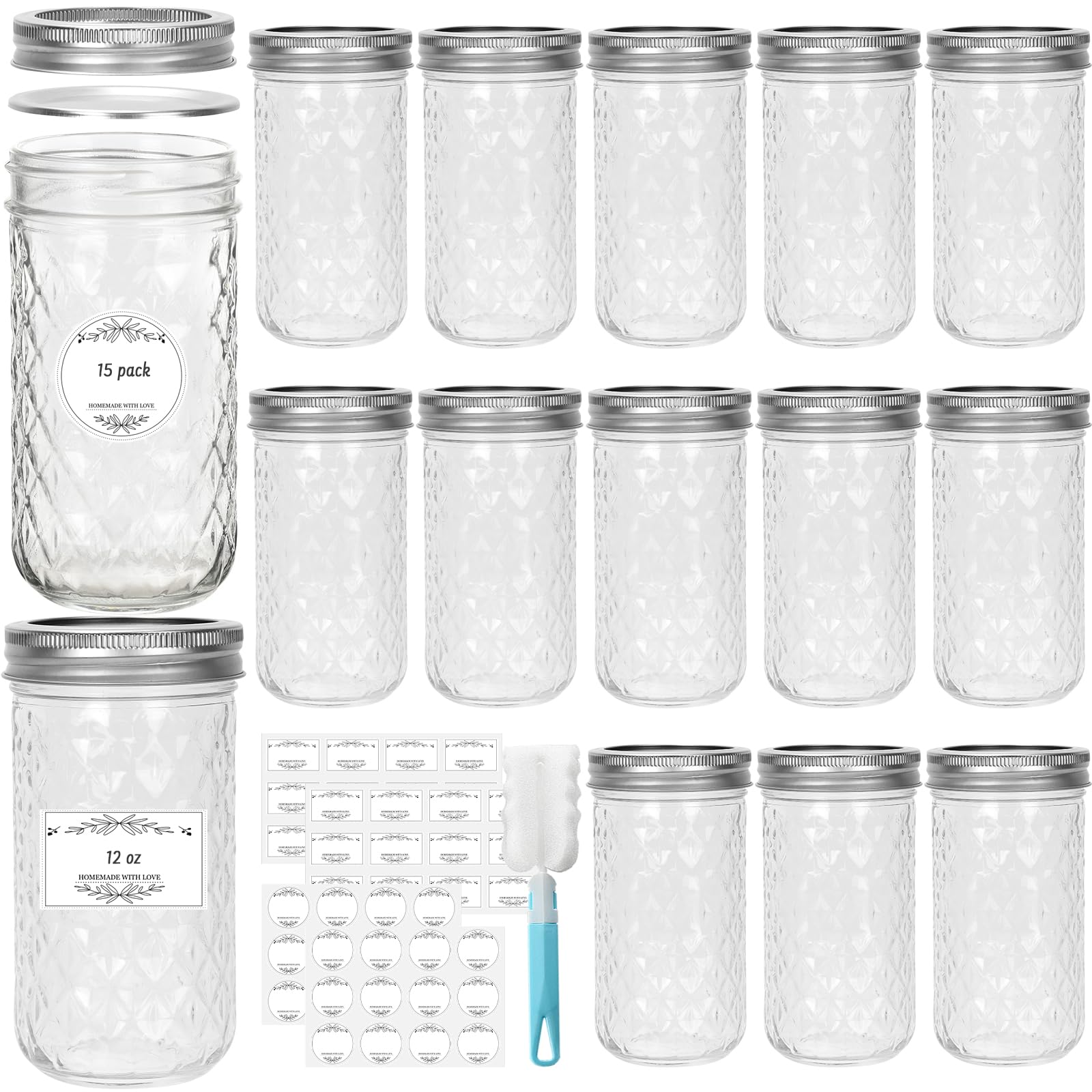 Photo 1 of Waymind 12 oz Glass Mason Jars, 15 Pack Regular Mouth Glass Canning Jars with Silver Aluminum Lids and Bands, Airtight Jam Jars for Food Storage, Pickling, Fermenting, Honey, Jelly, DIY Candles Decor