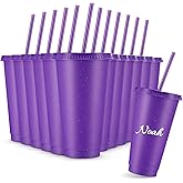 Amyhill 12 Pcs Reusable Glitter Cups with Lids and Straws 24 oz Plastic Tumbler Iced Coffee Cup Travel Mug for Smoothie Juice Birthday Sleepover Party Supplies for Valentine Girl(Purple)