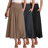 Ficerd 3 Pack Maxi Long Skirts for Women, Ankle Length High Waisted Pleated Flowy a Line Summer Casual Skirts with Pockets