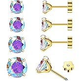 Enticera 4Pairs AB Cubic Zirconia Earrings Studs Flat Back Earrings for Women 14K Gold CZ Flatback Stud Earrings Hypoallergenic Cartilage Nap Earrings