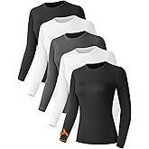 Kinglaman 5 Pack Women Long Sleeve Thermal Shirts, Crew Neck Fleece Lined Base Layer Underwear Cold Weather Tops