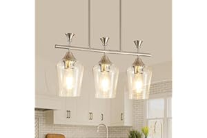 UNICOZOHOME Dining Room Light Fixture/Chandelier Over Table, 3-Light Kitchen Island Lighting Hanging for Farmhouse Linear Chandeliers, Modern Silver Ceiling Pendant Light Fixtures, with Clear Glass Shade