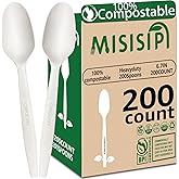 MISISIPI 200Count 100% Compostable Spoons Biodegradable Spoon HeavyDuty No Plastic Spoons Eco-friendly HeavyWeight Disposable Spoon Tableware Set for Lounge,Party,BBQ,Cafeteria,Wedding,Picnic
