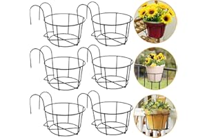 EATHEATY 6 PCS Round Hanging Railing Planters Basket, Metal Hanging Railing Planter Flower Pot Holder, Iron Rack Fence Shelf plant holder with Detachable Hook for Balcony, Garden, Indoor and Outdoor (Black)