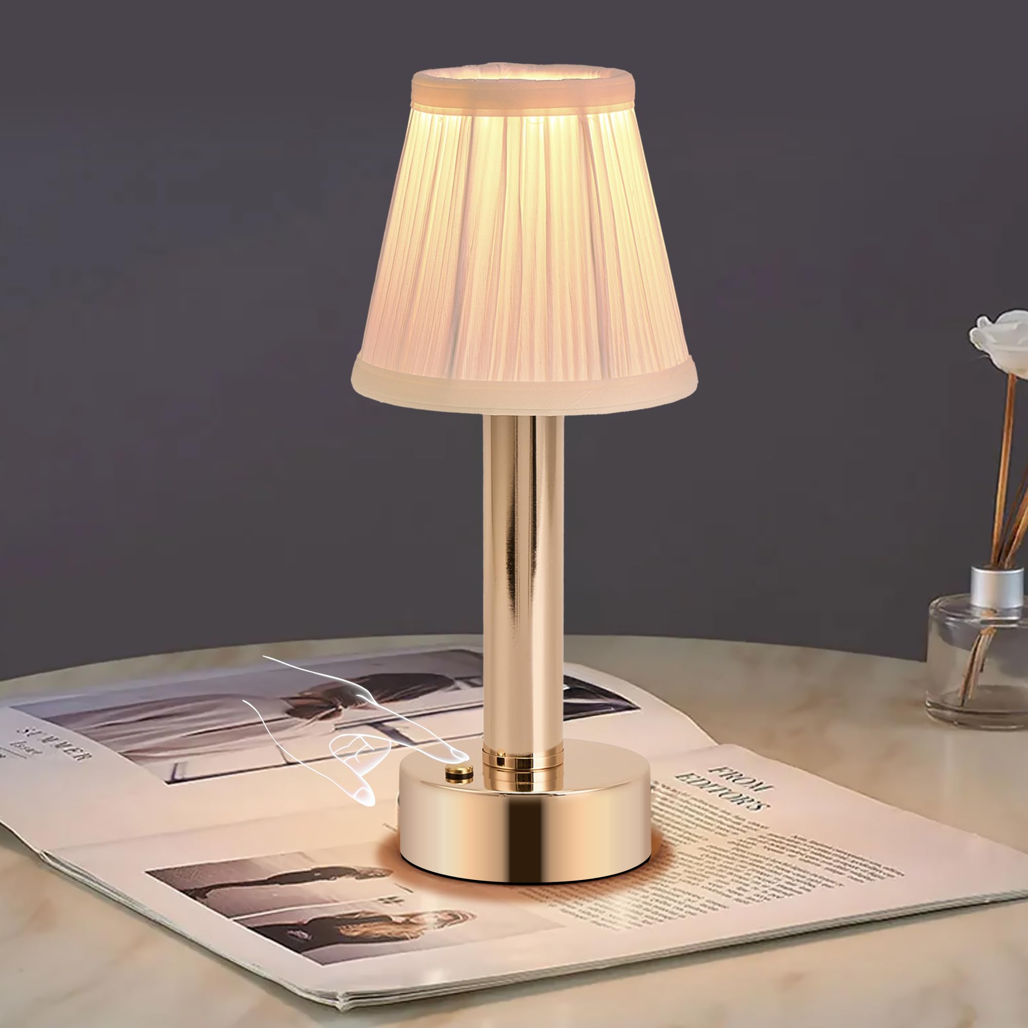 Photo 1 of 11.2 Inch Rechargeable Small Table Lamp Cordless, 5000mAh Battery Operated Mini Touch Lamps Wireless With Pleated Cloth Shade, Portable for Bedside, Living Room, Home Office, Kitchen Dining Room