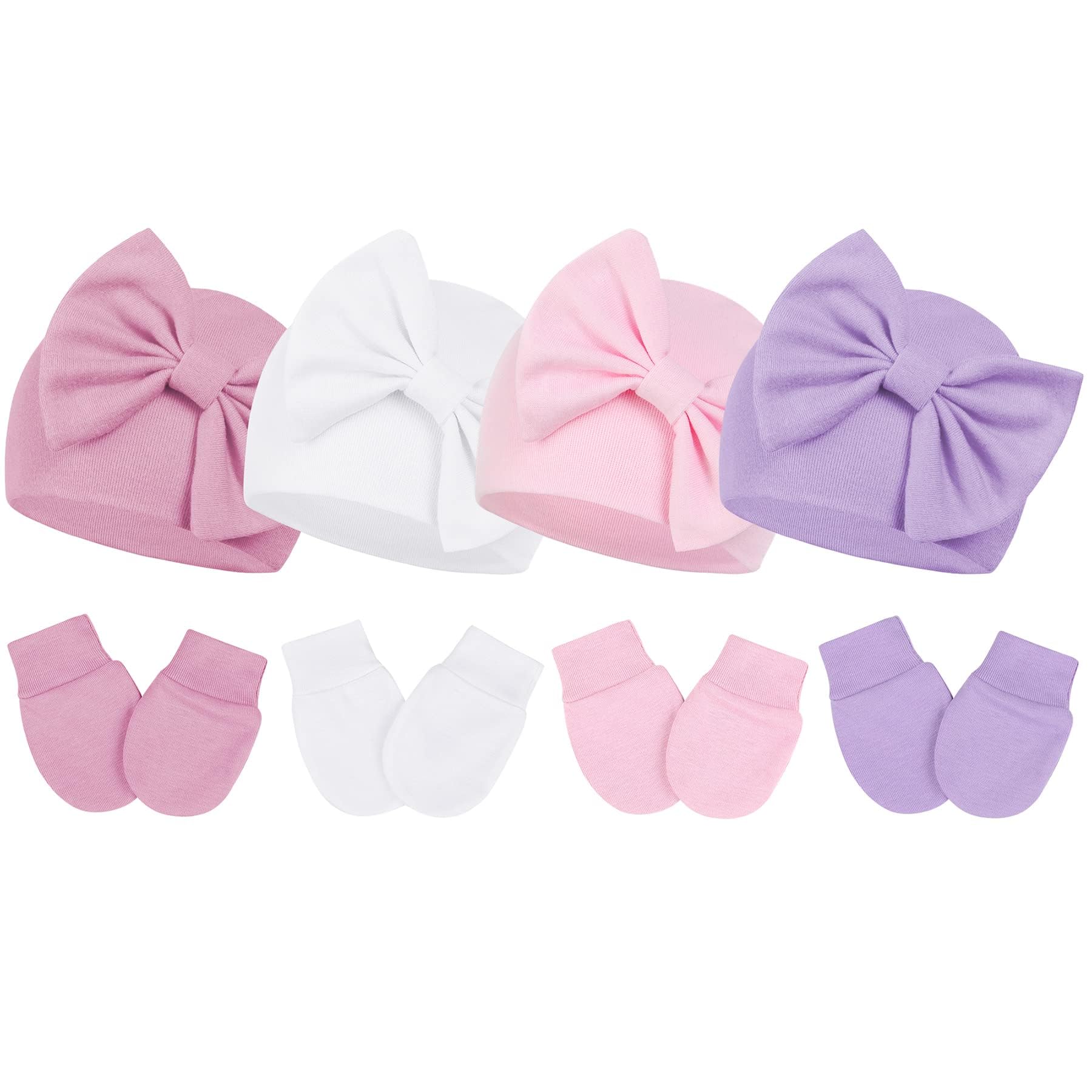Photo 1 of Zando Baby Beanie Hat and Mitten Set With Big Bow - Newborn Hospital Hat for Girls Boys, Cotton Infant Winter Hat 4 Pack (0-3 Months)