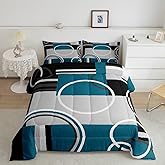 Erosebridal Modern Turquoise Decor Comforter Set Gray Black Blue Stripe Geometric Down Comforter Queen Size Retro Circle Swirls Bedding Set Modern Abstract Texture Color Art Duvet Set