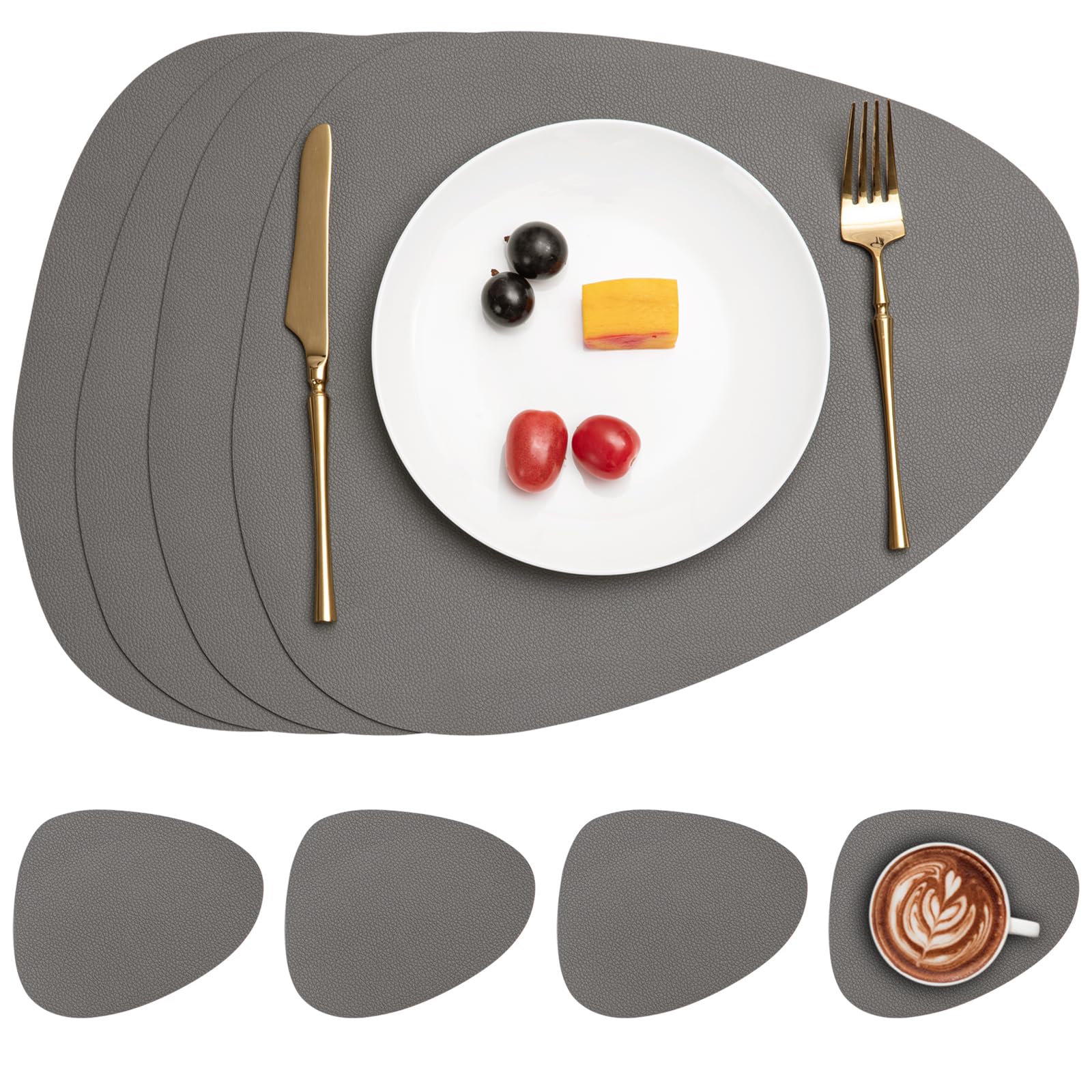 Myir JUN Leather Table Mats and Coasters, Placemat Round PU Waterproof Dual-Sided Kitchen Place Mats Coffee Mats Non-Slip Washable Placemats and Coaster Sets 4 (Set of 4, Grey Grey)