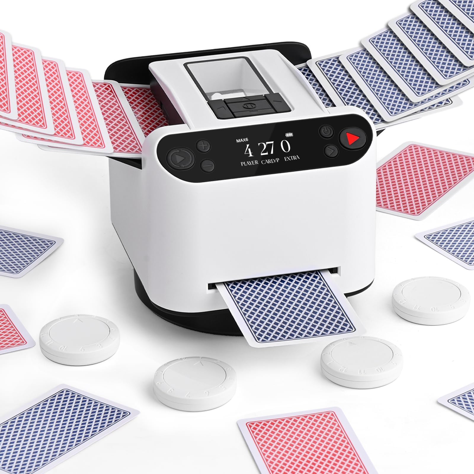 Automatic Card Shuffler and Dealer Machine – 360° Rotating for 1-2 Decks, 2-12 Players with 4 Remotes | Built-in Game Modes, Rechargeable & Quiet for Poker, UNO, Phase 10, Skip-Bo, Rummy (White)