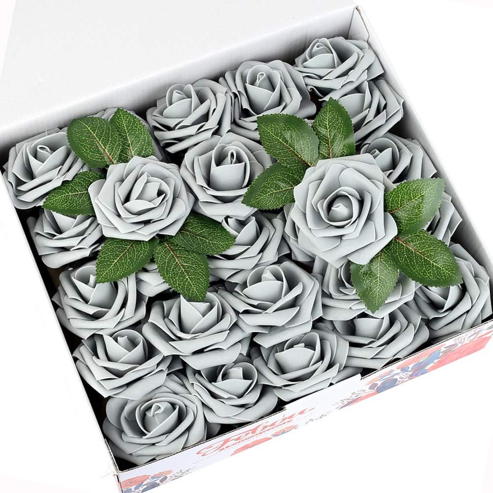 Febou Artificial Flowers, 50 pcs Real Touch Artificial Foam Roses Decoration DIY for Wedding Bridesmaid Bridal Bouquets Centerpieces, Party Decoration, Home Office Decor (Standard Type, Grey)