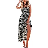 CUPSHE Women's Maxi Dress Casual Smocked Straps Paisley Ruffled Slit A Line Long Beach Summer Dress