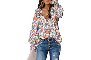 Biucly Women's Casual Boho Floral Print V Neck Long Sleeve Drawstring Tops Loose Blouses Button Down Shirts