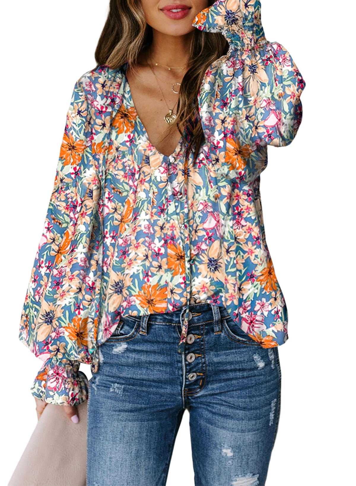 Photo 1 of ***POSSIBLY RUNS SMALL** Biucly Women's 2025 Spring Casual Bohemian Clothes Floral Print Long Sleeve Tops Loose V Neck Button Down Shirt Flowy Peasant Blouses for Women,US 8-10(M),Flower Sky Blue