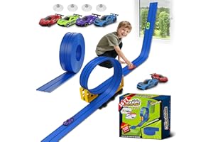 PUPPILUV Flex Race Track 16 Ft with Suction Cups Compatible with Diecast 1/64th Cars, Flexible Car Track Toys for Ages 3+ Kids Toddlers Roll Out Portable Racetrack (Blue)