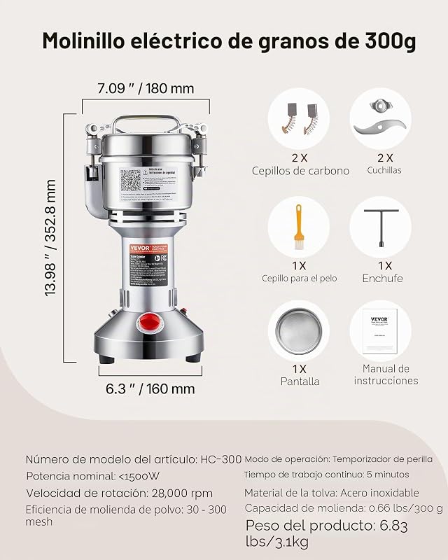 Moinho elétrico de cereais 1500 W Capacidade de 300 g Moinho de especiarias de alta velocidade com pulverizador de aço inoxidável para grãos secos Especiarias Cereais Café Milho e Pimenta