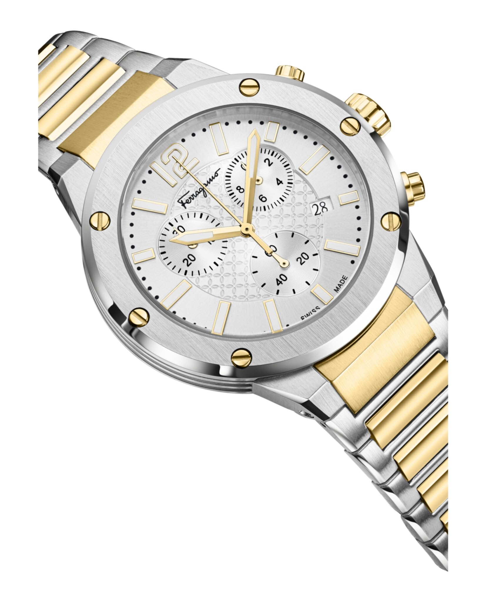 Ferragamo F-80 Chrono Collection Luxury Mens Watch Timepieces with a Two Tone Bracelet and Case Featuring a Silver Dial