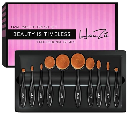 Makeup Brushes by HanZÃ¡ - 10 PIECE Professional Oval Makeup Brush Sets For Powder, Blush, Foundation, Concealer, Eyeliner, Eye Shadow, Etc. Easily Blends and Contours Cosmetics