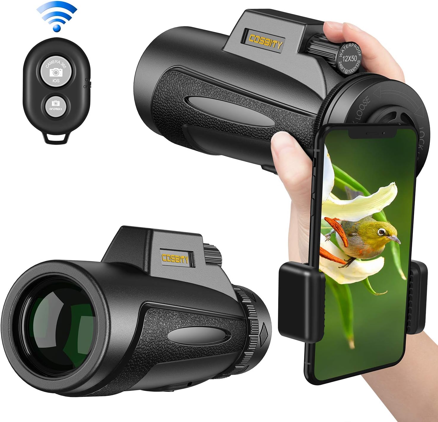 Monocular Telescopes, 12x50 Low Night Vision Spotting Scope for Adults with Cell Phone Photography Adapter and Wireless Camera Shutter Remote Control for Bird Watching/Hunting/Camping/Travelling