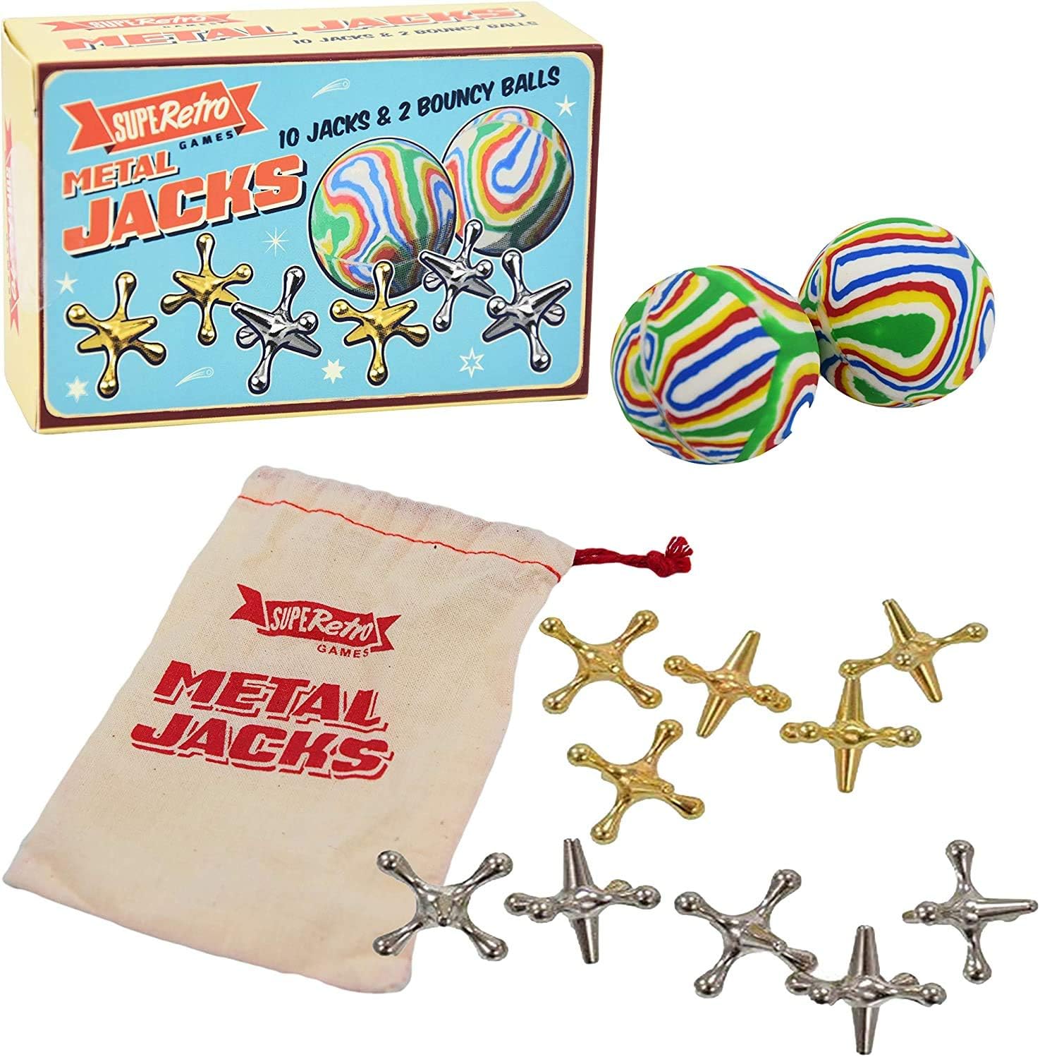 Traditional Retro Metal Jacks Family Game with 2 Rubber Swirly Bouncy Balls and 10 Heavy Metal Jacks for Playing Knucklebones Fivestones and Game of Jacks. Instructions and Cloth Carry Bag Included