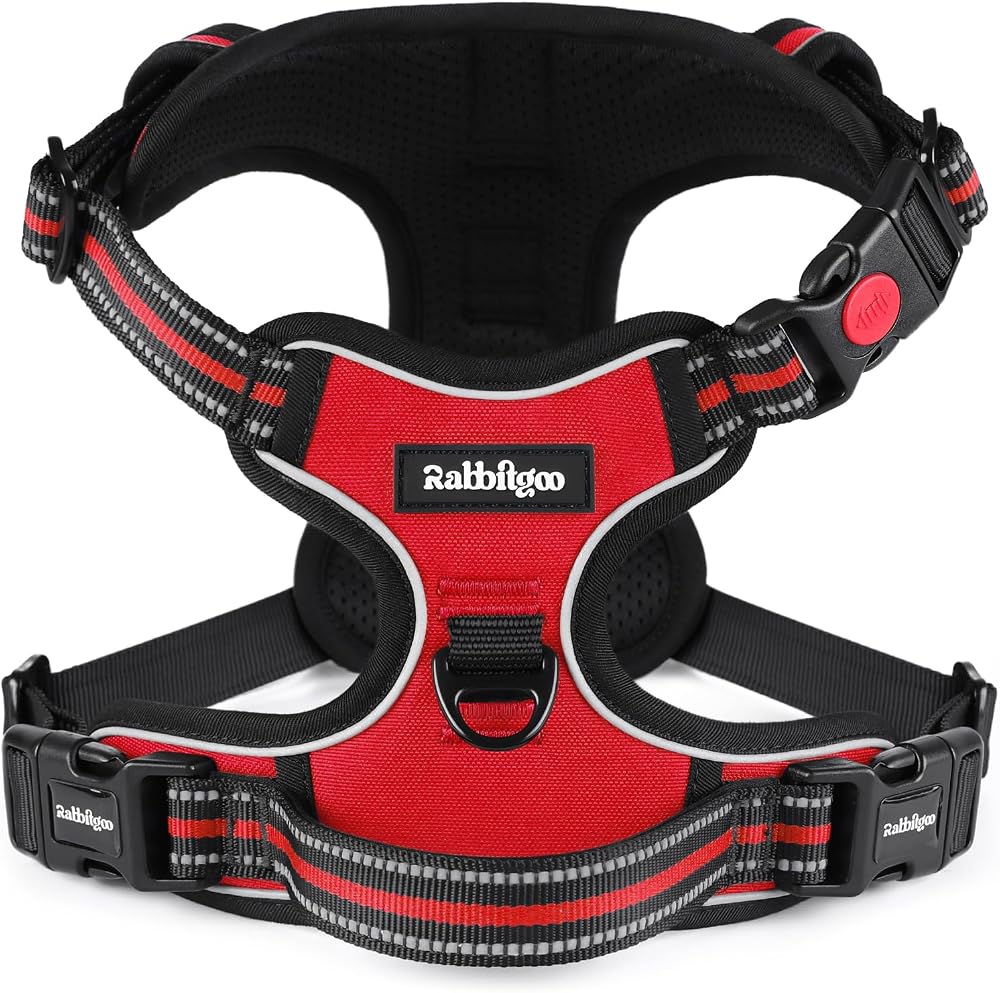 rabbitgoo Dog Harness Medium with Neck Release Buckle Front Back Clips Red M