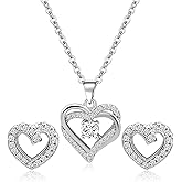 Watforsh Silver Heart Shaped Jewelry Set Cubic Zirconia Heart Pendant CZ Adjustable Necklace and Simple Small Stud for Women
