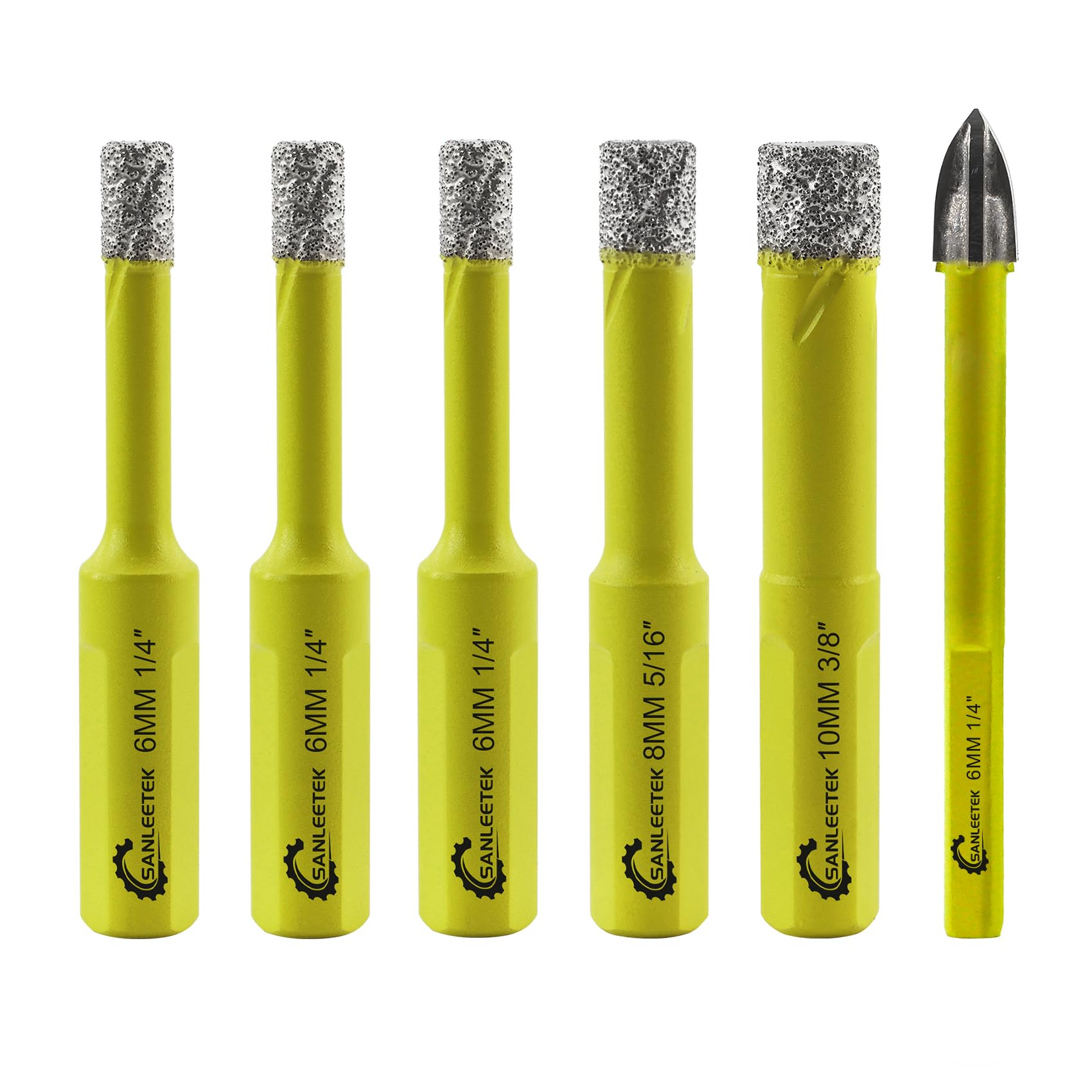 Dry Diamond Drill Bits Set - 5pcs 6/6/6/8/10mm SANLEETEK Hole Saw Kit and 1pc 6mm Carbide Drill with Triangle Shank for Ceramic Porcelain Tile Granite Marble Quartz Stoneware