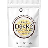Micro Ingredients Vitamin D3 10,000 IU + K2 MK-7 200 mcg, 180 Softgels with Virgin Coconut Oil | 2-in-1 Vitamins D & K Complex | Extra Strength, Easy to Swallow, Non-GMO, Gluten Free