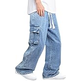 Mens Baggy Jeans Elastic Waisted Denim Pants for Men with Drawstring Streetwear