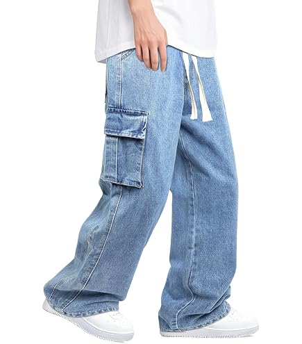 HZCX FASHION Mens Multi-Pockets Cargo Denim Pants Loose Fit Jeans