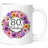 KOXAME 80th Birthday Gifts for Women, 80 and Fabulous Mug, 80 Year Old Birthday Gifts For Woman Mom Grandma Mother Wife Sister Nurse Aunt, 11 Oz Floral Coffee Cup (80th)