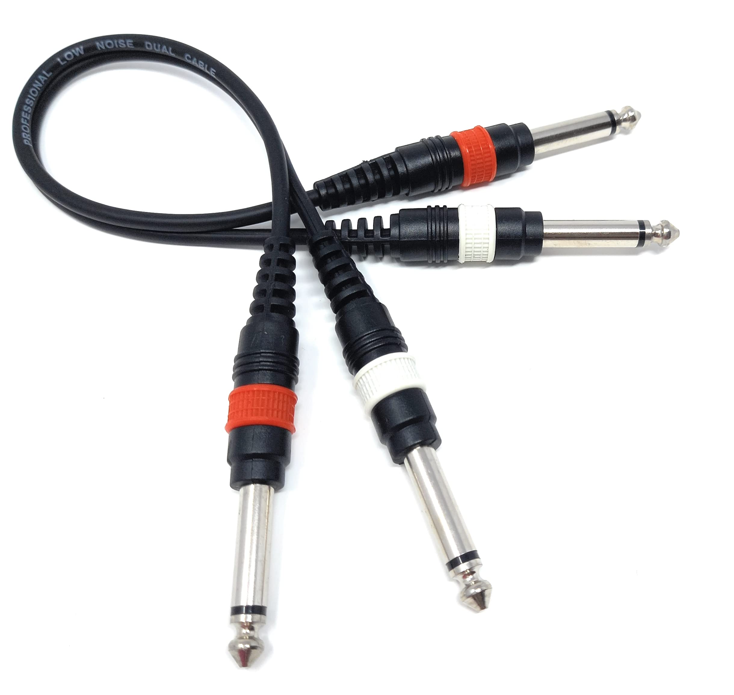 0.3m, Twin 6.35mm Mono 2 x Jack to 2 x Jack Shielded Cable Lead, Rubber Reliefs, Helical PVC Cord, Nickel Connectors (1ft)