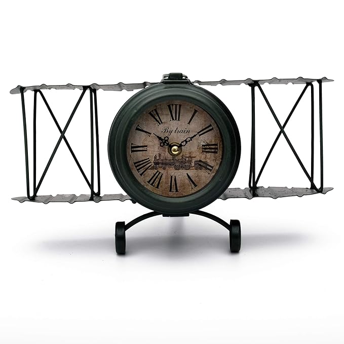 Store2508® Antique Finish Cast Metal Desk Table Clock Vintage Aeroplane