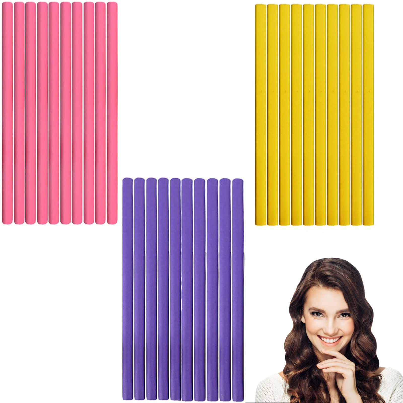 JEOPKO 30 Pcs Flexible Curling Rods, Twist Foam Hair Curlers No Heat Soft Roller, Rollers Heatless for Long Medium Short Tool Perfect Salon Styling, yellow, pink, purple