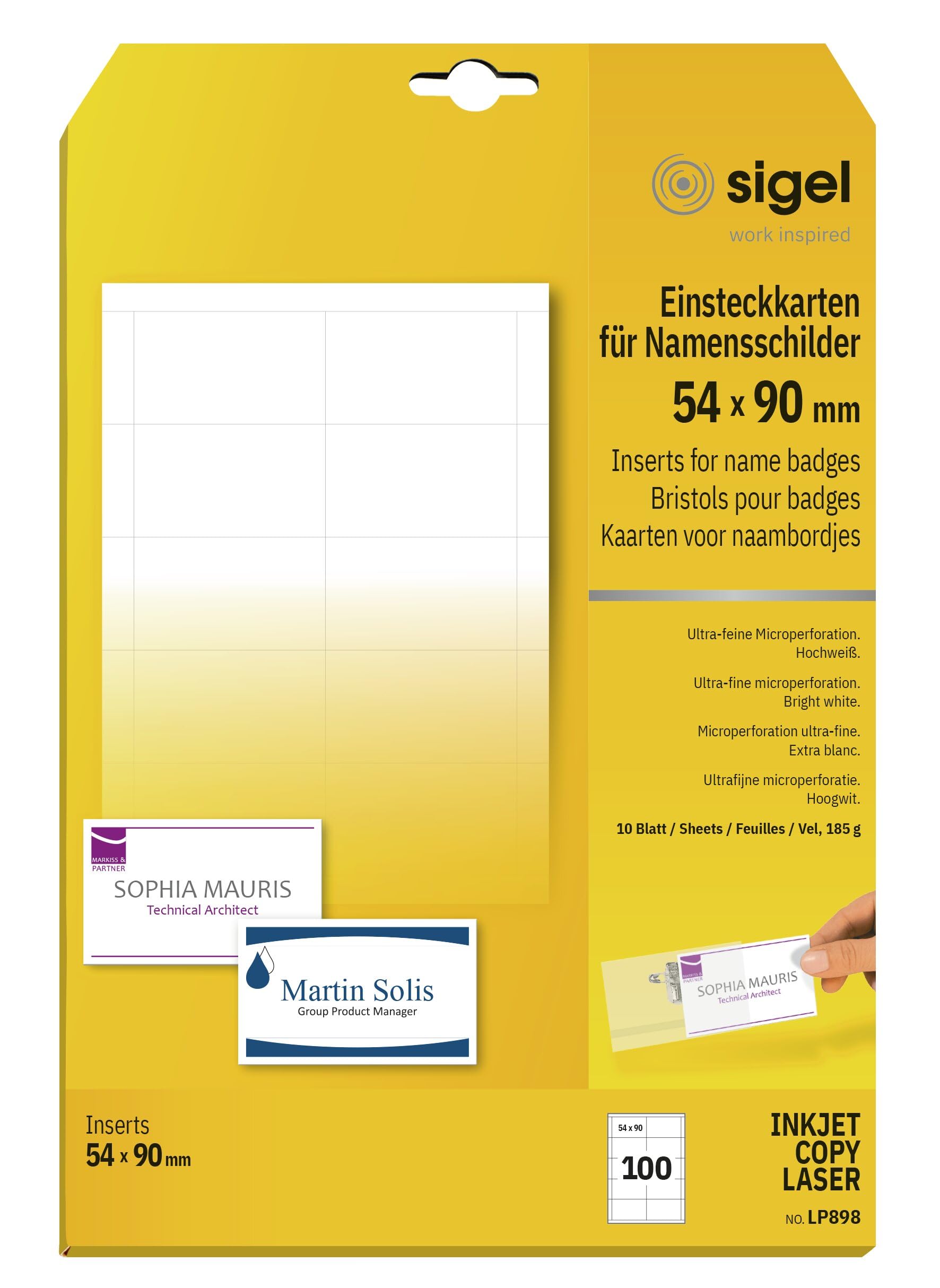 SIGEL LP898 Inserts for Name Badges, 5.4 x 9 cm, White, 100 Pieces equal to 10 sheets