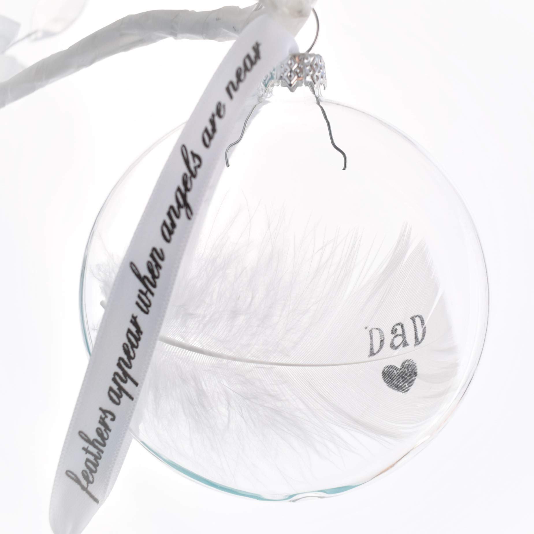 Dad In Memory of White Feather Bauble. Glass Round Christmas Tree Hanging Decoration Memorial