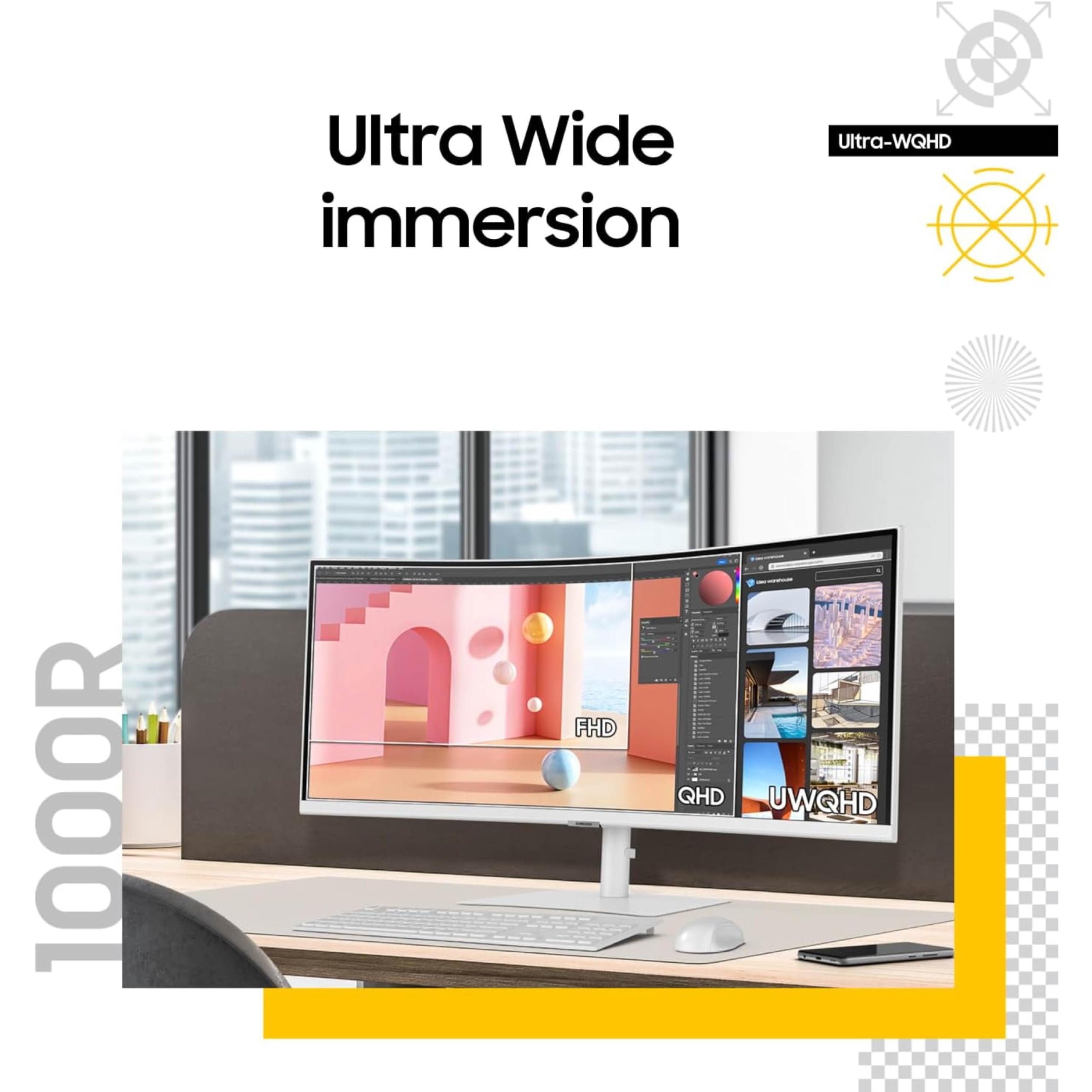 Samsung 34” ViewFinity (S65TC) Series Ultra-WQHD 1000R Curved Computer Monitor, HDR10, 100Hz, AMD FreeSync, Thunderbolt 4, Height Adjustable Stand, Built-in Speakers, Eye Care, LS34C650TANXGO, 2024