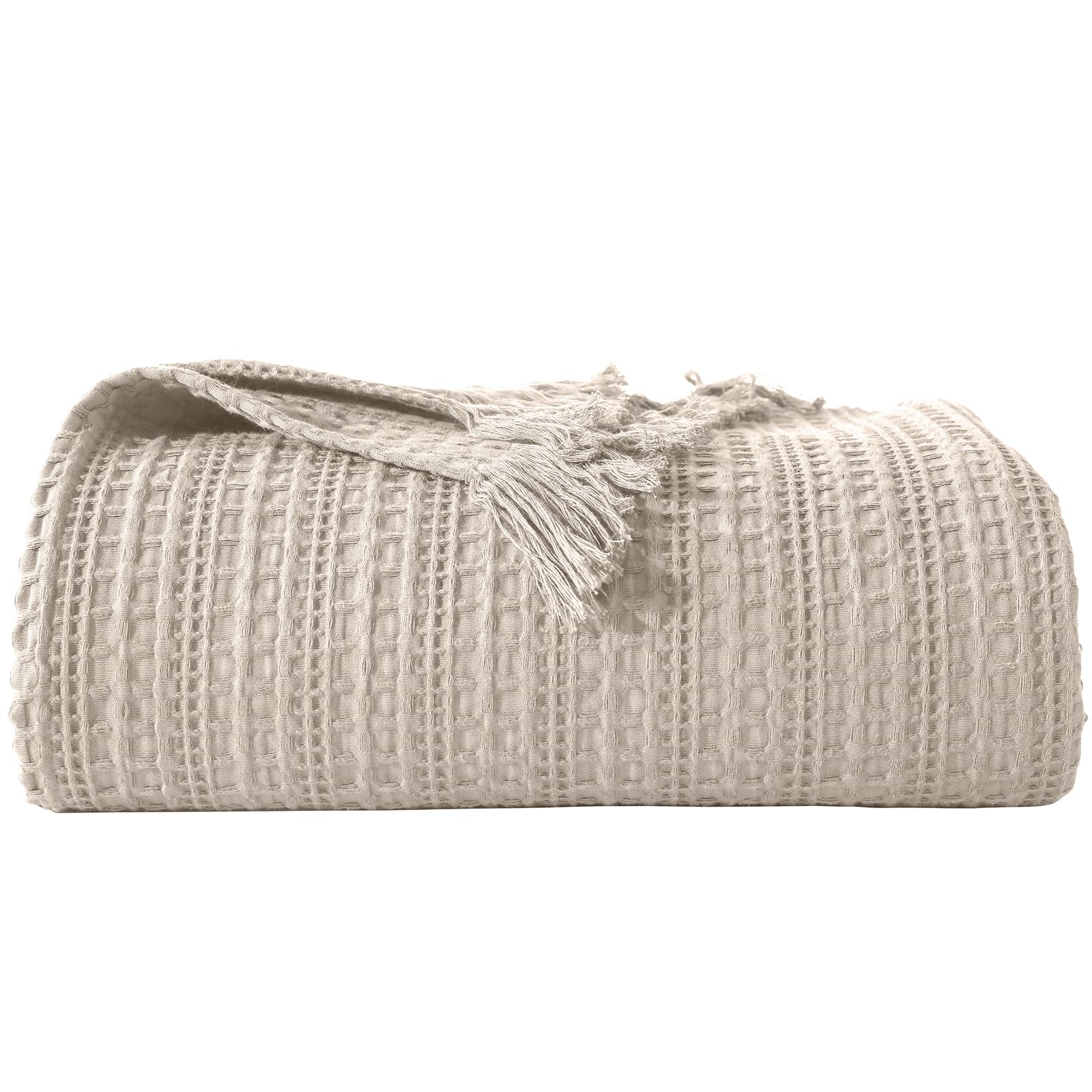 Photo 1 of 100% Cotton Waffle Blanket with Fringe, Pre-Washed Waffle Weave Blanket for All Season, Lightweight Breathable Soft Cozy Throw Blanket for Couch, Bed, Travel (Beige - 50x60 Inches)