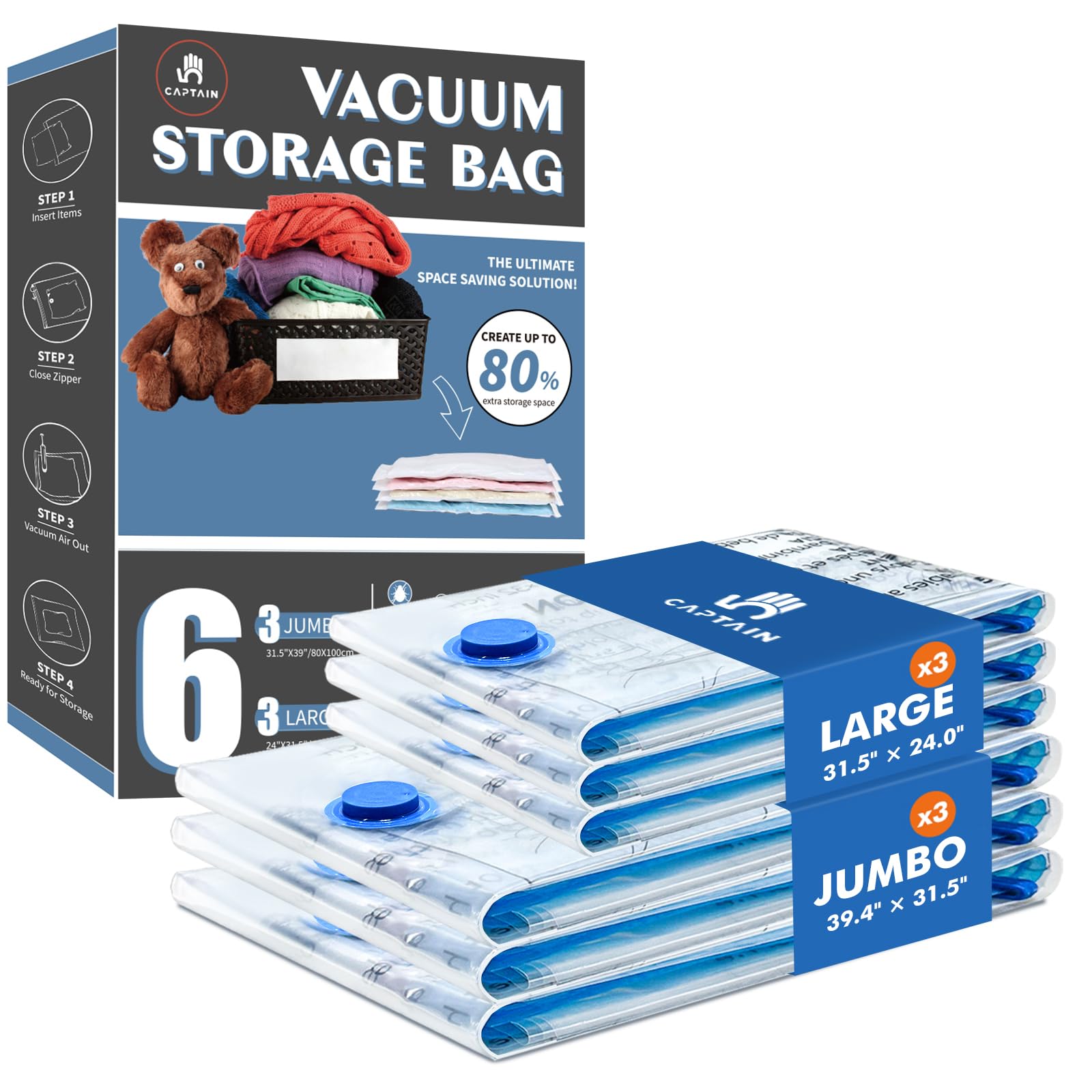 CaptainFive Vacuum Storage Bags 6 Combo (3 Jumbo + 3 Large), Space Saver Sealer Vacuum Bags for Clothes, Pillows, Duvets, Bedding, Vacuum Bags for Home Organization, Moving and Storage