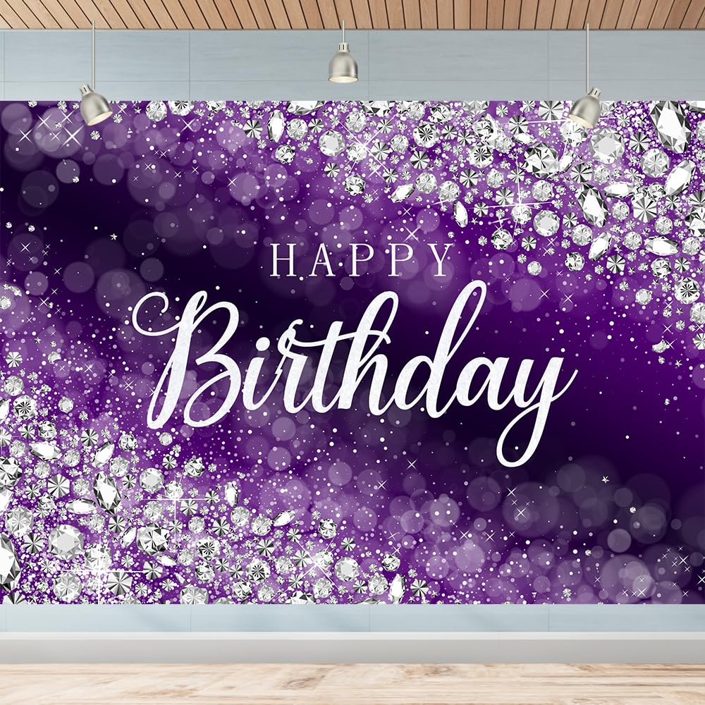Photo 1 of Purple Happy Birthday Banner Backdrop 7x5Ft Shine Diamonds Photography Background for Women Silver Diamonds Happy Birthday Banner Purple Backdrop Decoration (82X59inch)